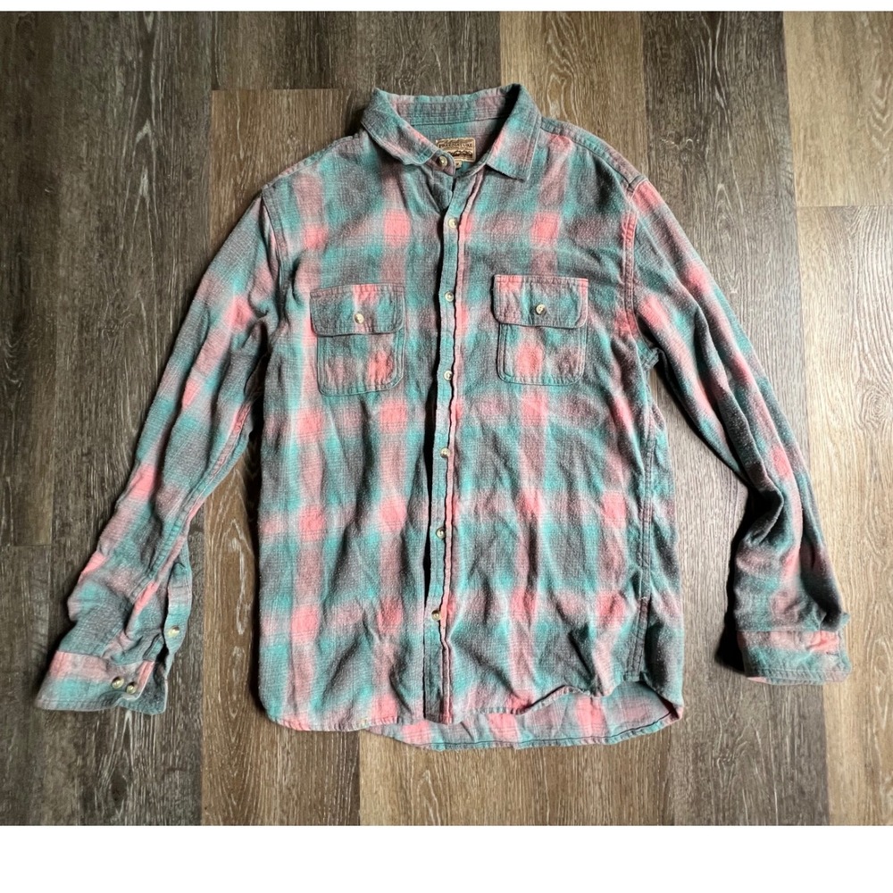 Free Nature Flannel Shirt Mens Medium Pink Teal Plaid Long Sleeve Button Up